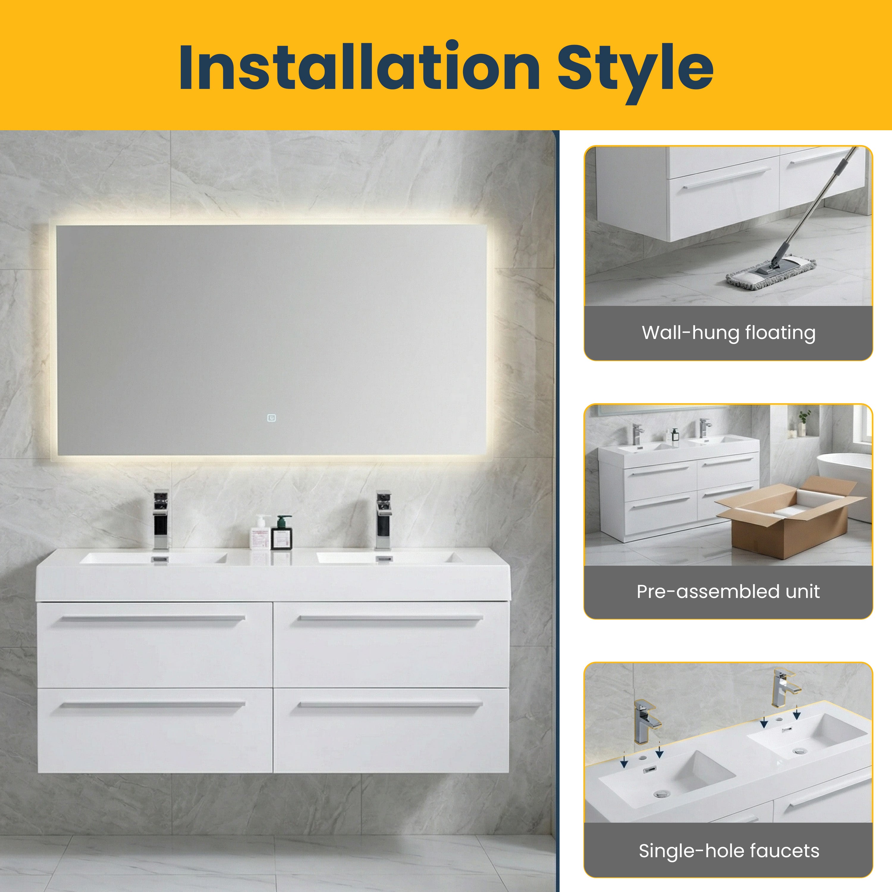 Meuble-Lavabo Mural Blanc de 60 po avec Comptoir en Polymarbre Blanc