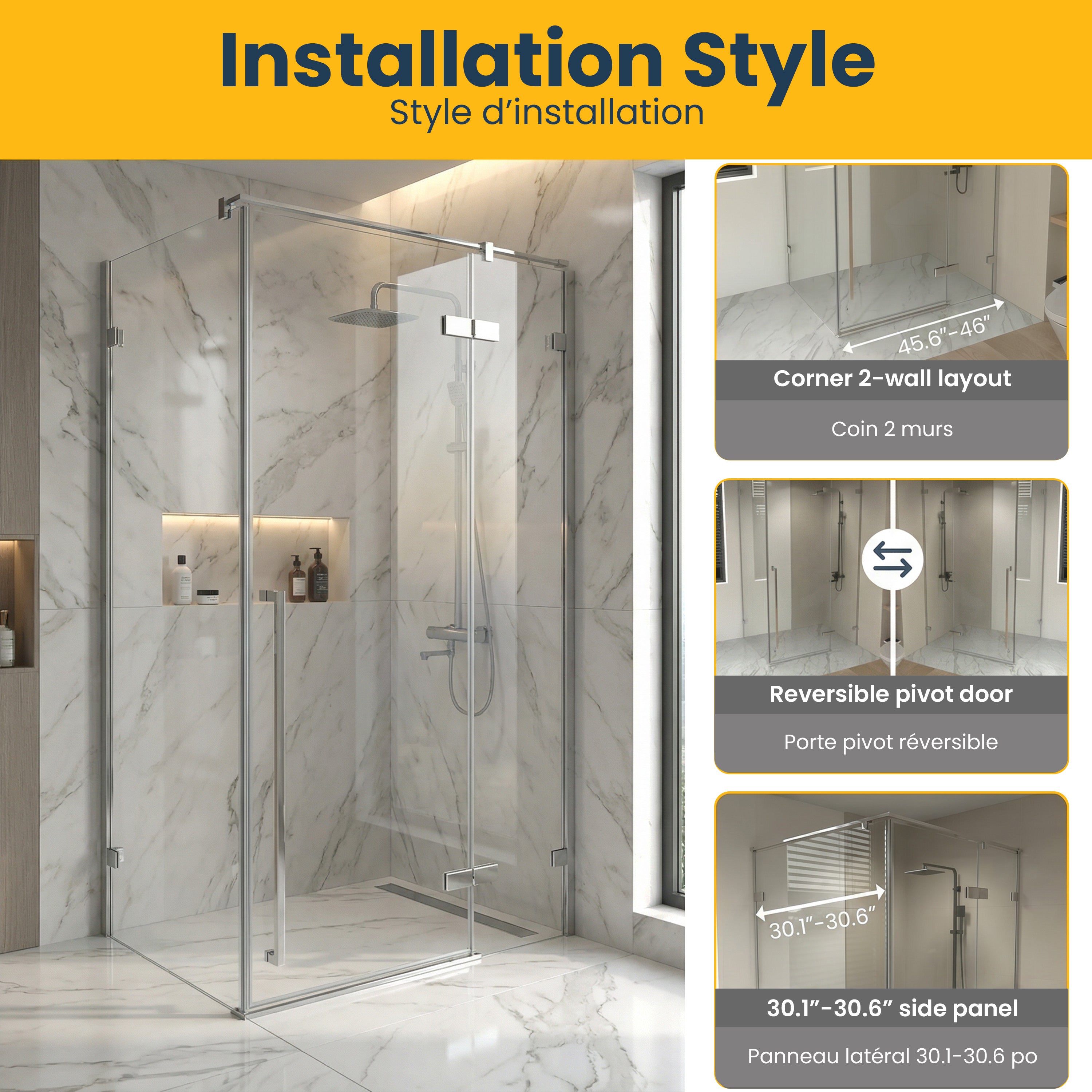 45.6"–46" W (Adjustable Width) x 79" H Frameless Reversible Pivot Shower Door in Chrome with 30.2"–30.5" Side Panel - Clear Glass