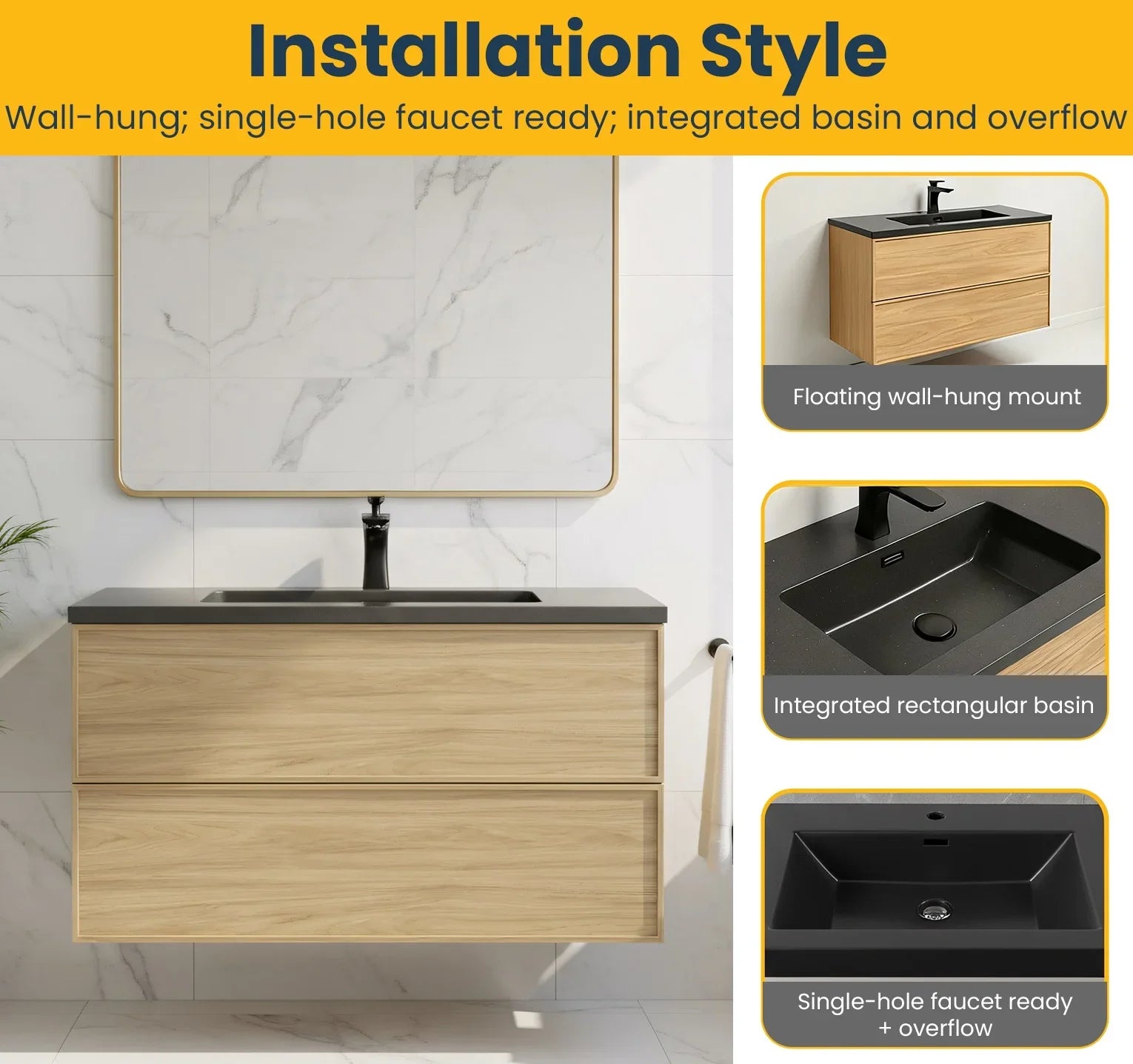 Meuble Lavabo Mural 36 pouces Noyer Couchant avec Comptoir Quartz Noir - Collection Luxe