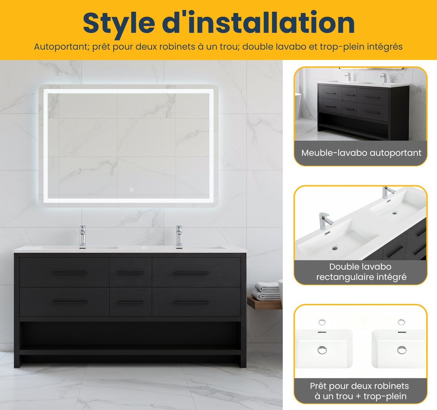 72" Black Rough Oak Freestanding Double Sink Bathroom Vanity with White Polymarble Countertop