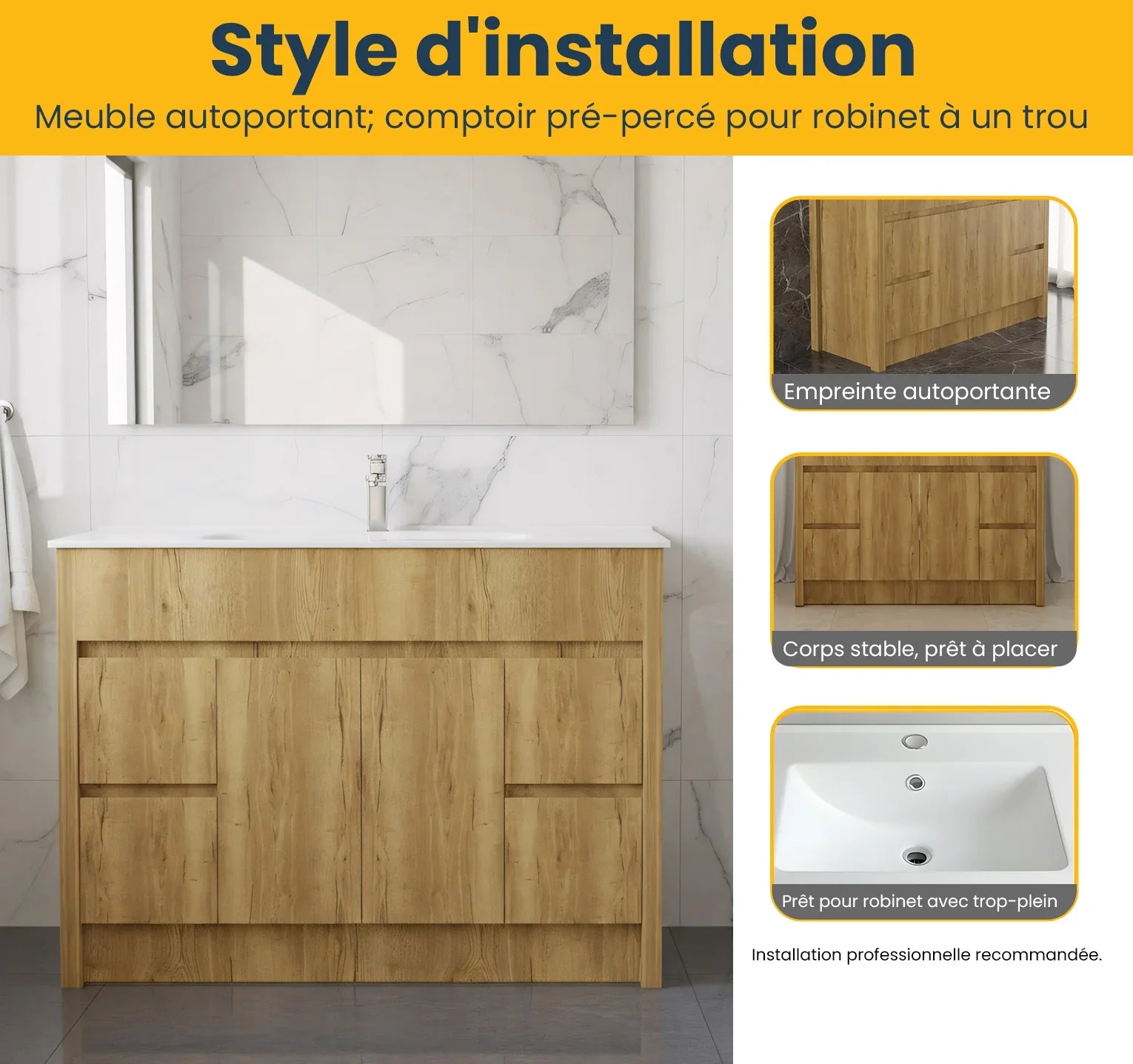 Meuble-Lavabo Autoportant 48po Chêne Givré avec Comptoir de Céramique Blanc