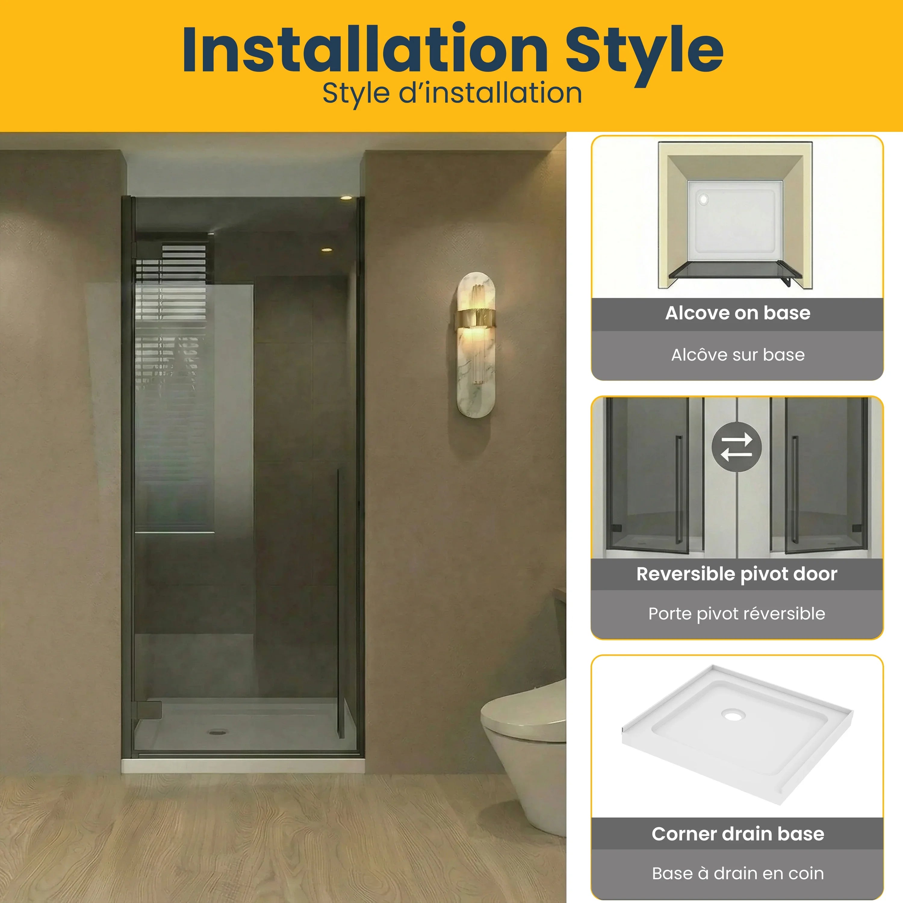 32" x 79" Matte Black Pivot Shower Door with White Acrylic Base