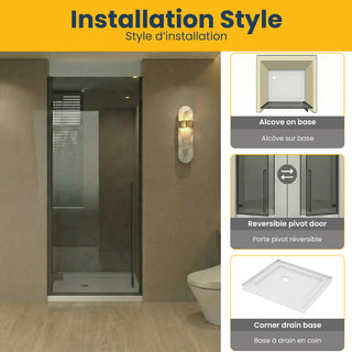 32" x 79" Reversible Pivot Shower Door in Matte Black with Black Tinted Glass and 32" x 32" Glossy White Acrylic Shower Base with Corner Drain