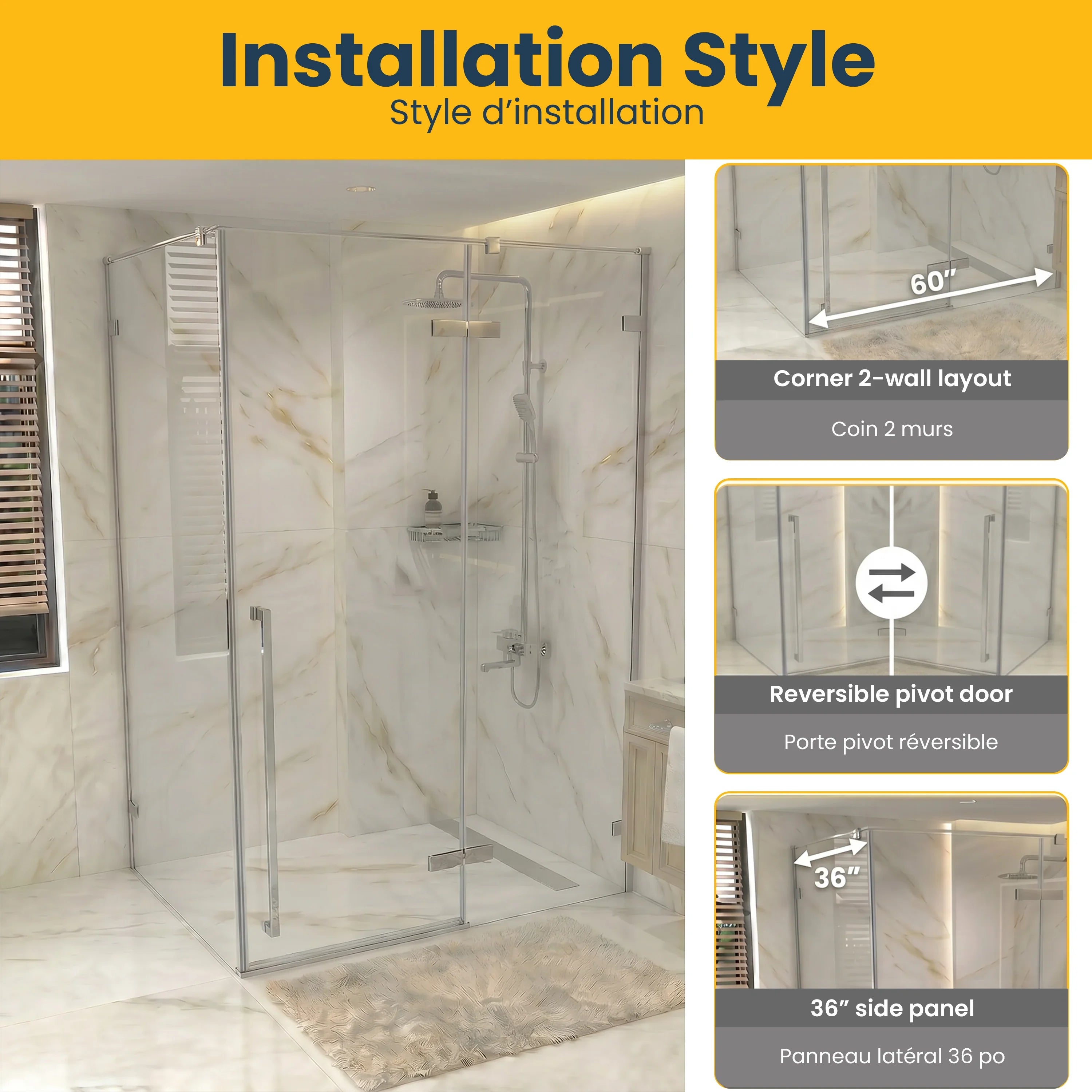 57.6"–58" x 79" Chrome Reversible Pivot Shower Door with 34.1"–34.5" Side Panel - Clear Glass
