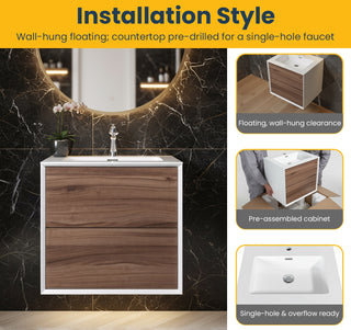 24" Walnut Wall Mount Vanity with White Polymarble Countertop