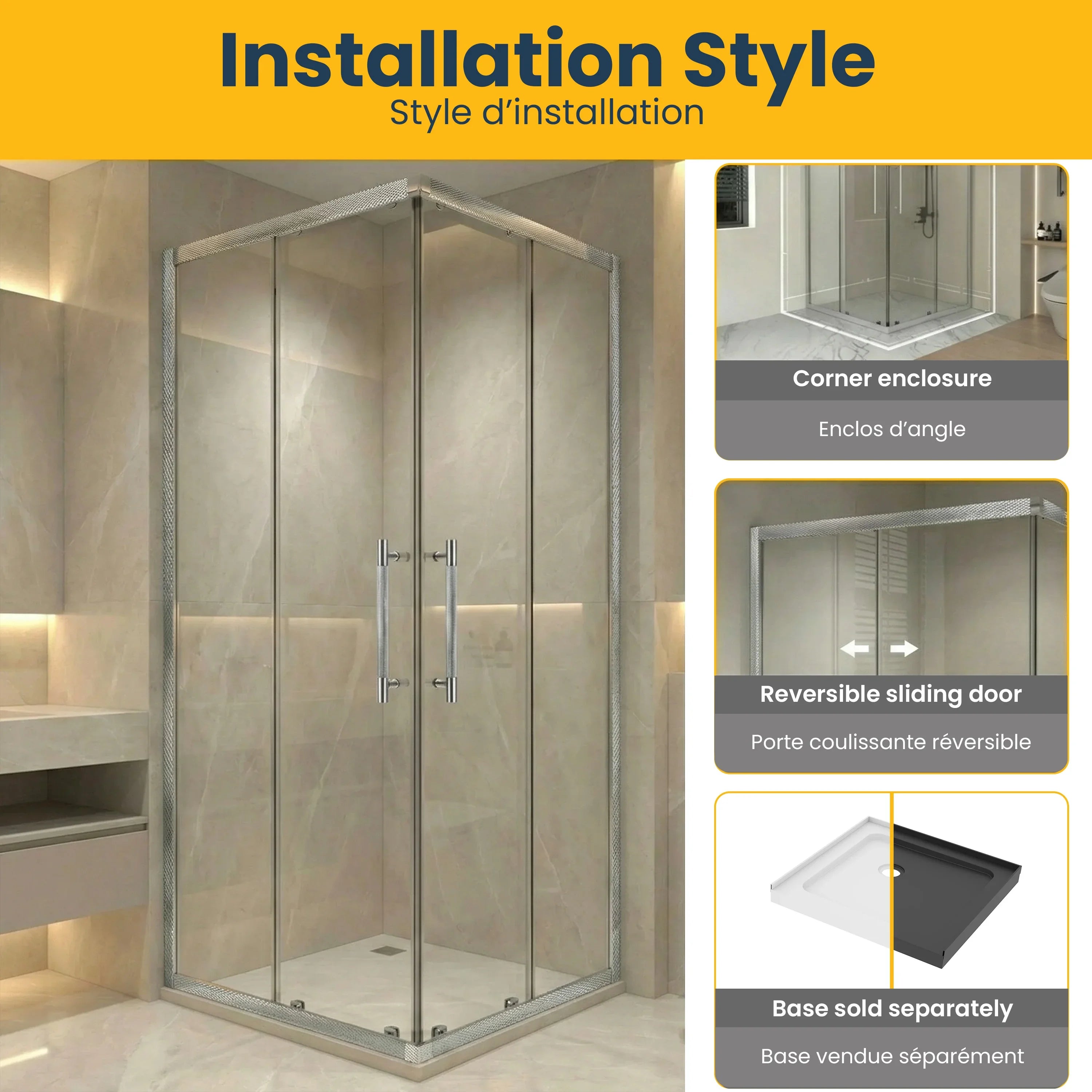 36" x 36" x 79" Chrome Reversible Corner Sliding Shower Door with Clear Tempered Glass