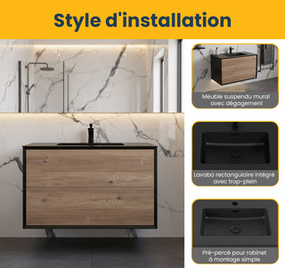 Meuble-Lavabo Mural 36po Noir et Chêne Brut avec Comptoir de Quartz d'ingénierie Noir