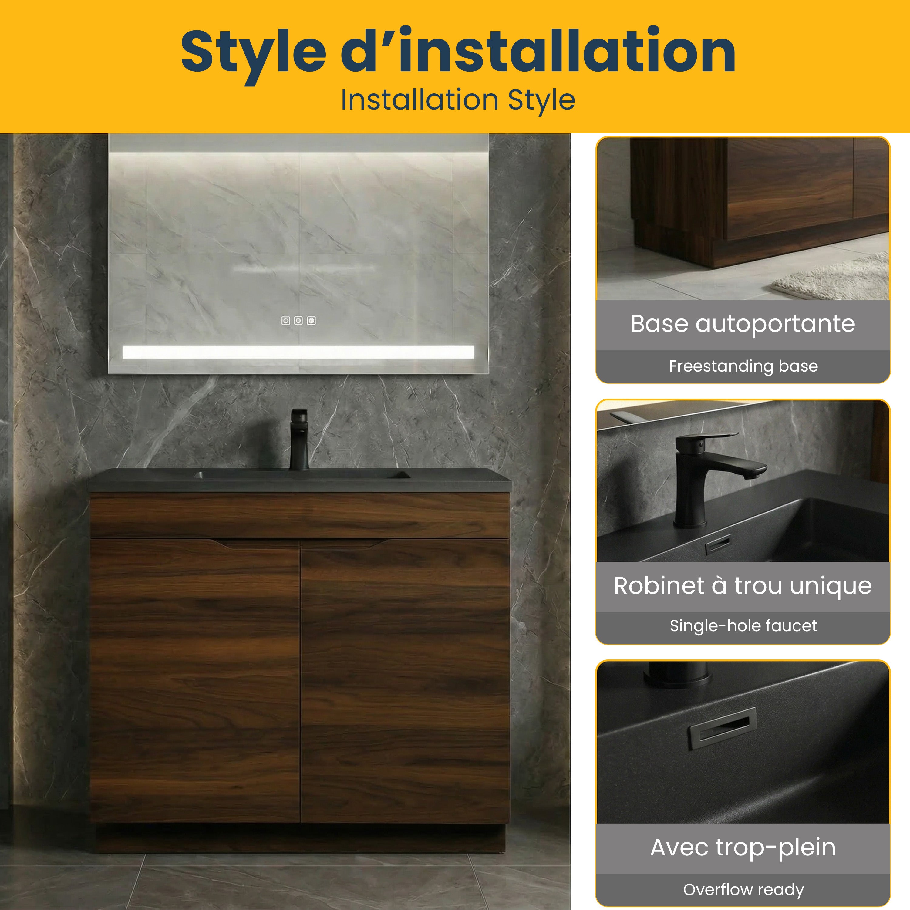 36" Walnut Freestanding Vanity with Black Engineered Quartz Countertop - Augusta Collection