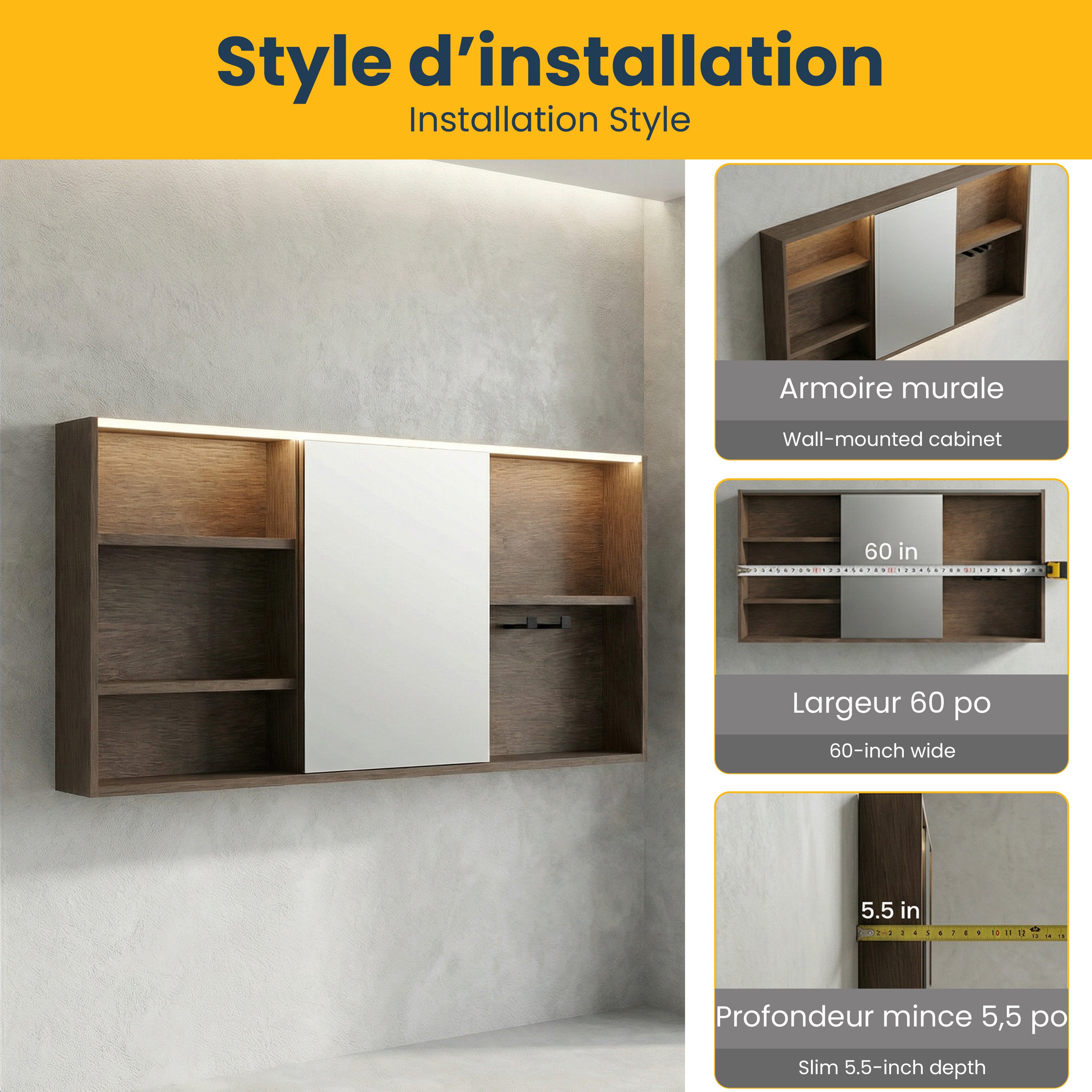 Armoire à pharmacie DEL noisette 60po avec portes à fermeture douce