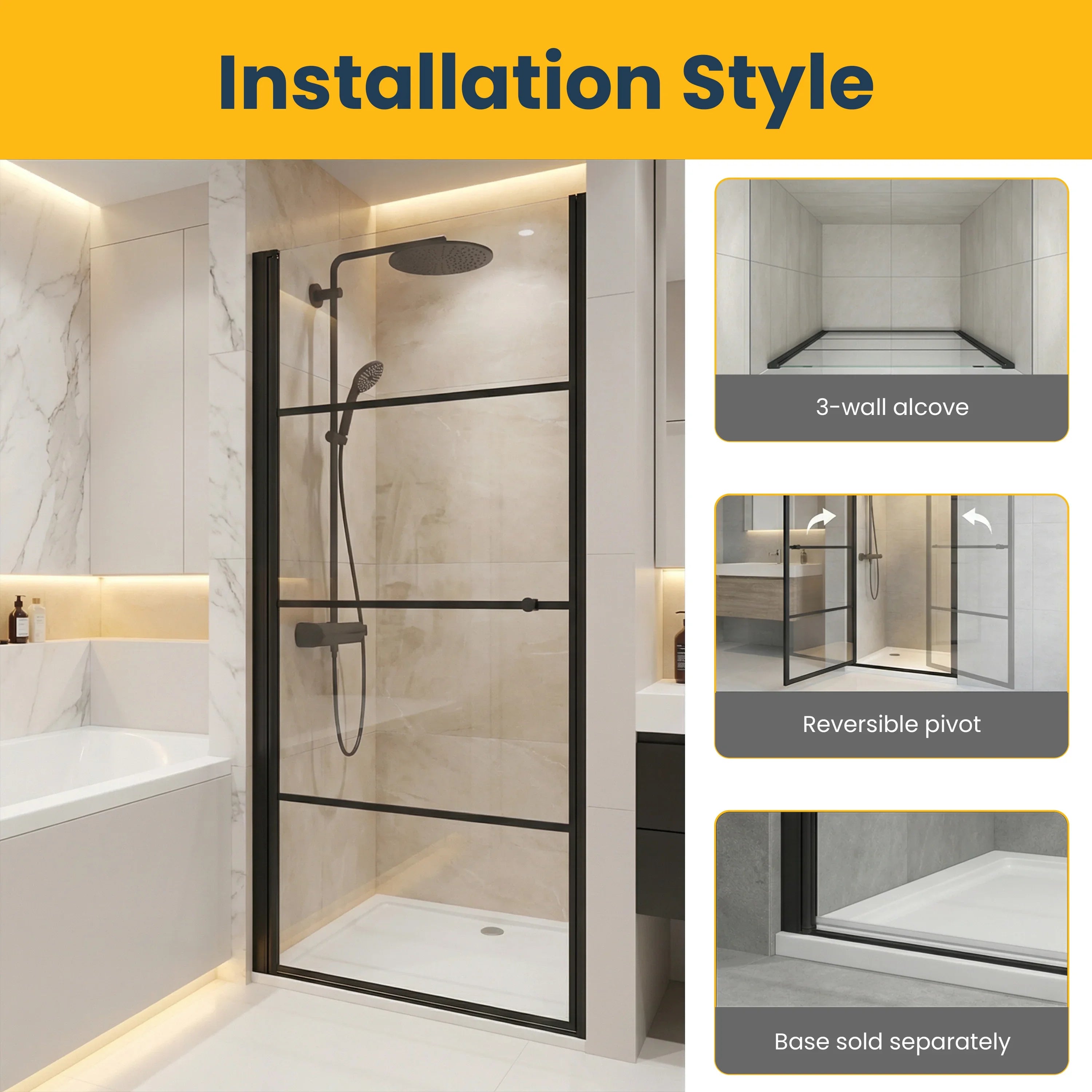 36" x 79" Reversible Pivot Shower Door in Matte Black with Clear Glass