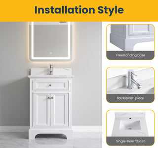 24" White Freestanding Single Sink Bathroom Vanity with Engineered Calcutta Marble Countertop