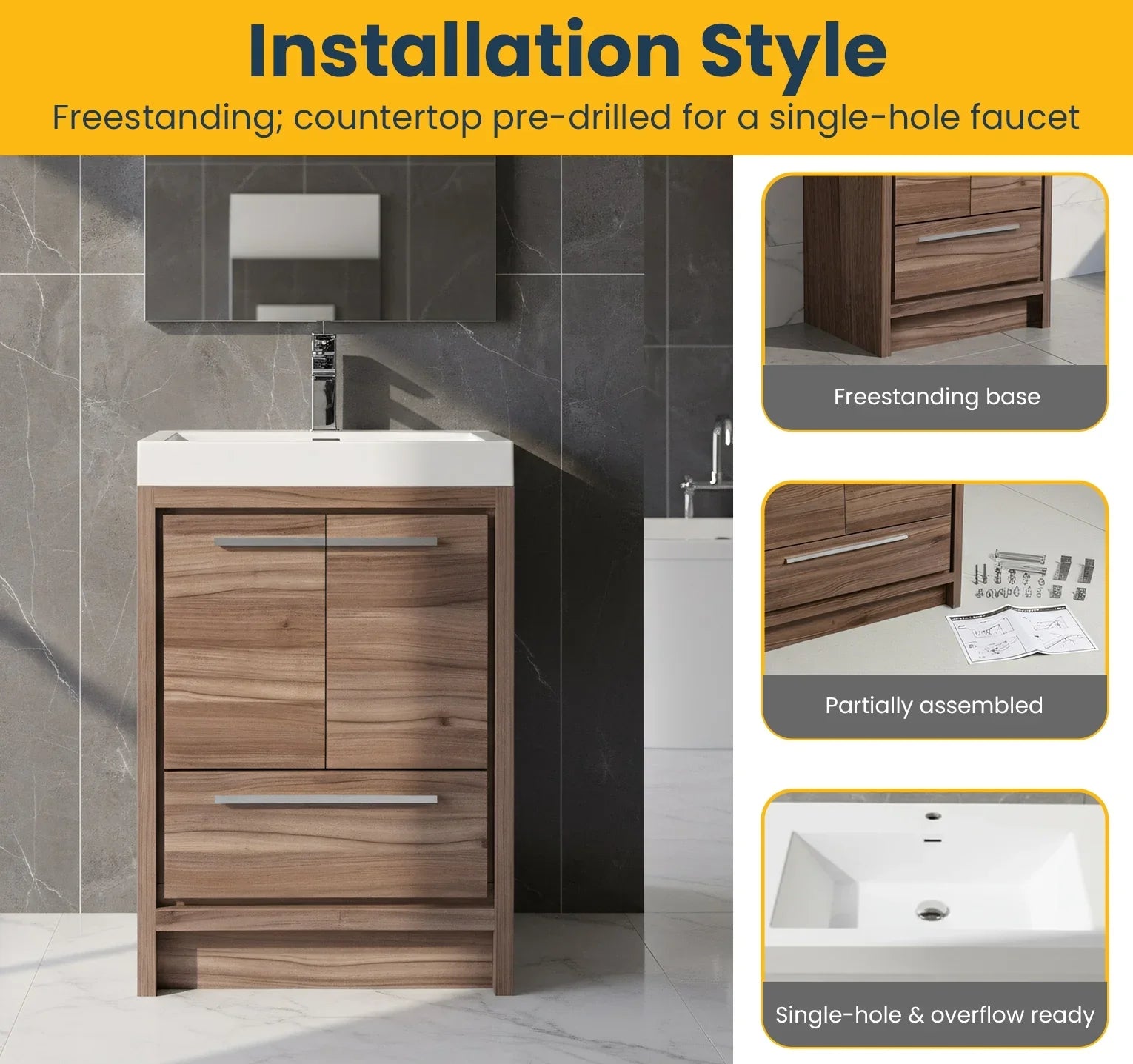 24" Walnut Freestanding Bathroom Vanity with White Polymarble Countertop