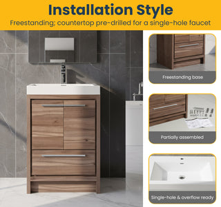 24" Walnut Freestanding Bathroom Vanity with White Polymarble Countertop
