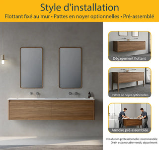 Meuble-Lavabo Mural 72po Noyer avec Comptoir de Surface solide Blanc Mat