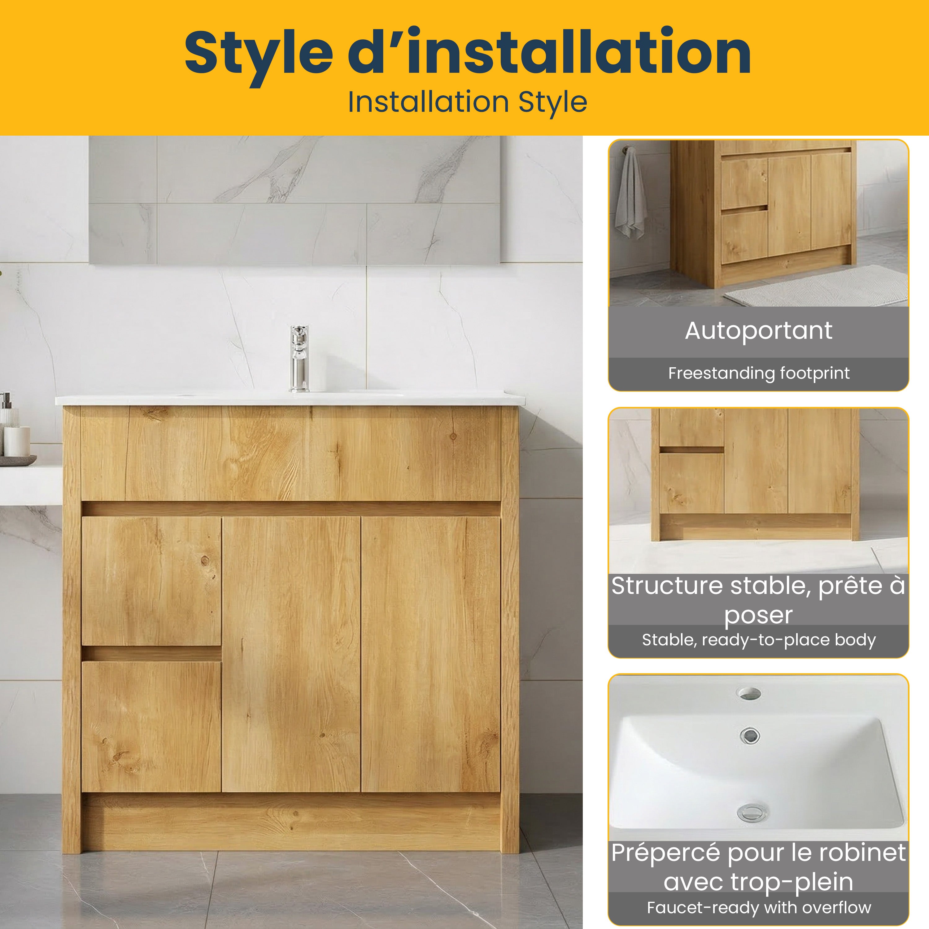 Meuble-Lavabo Autoportant 36 Chêne Givré avec Comptoir en Céramique