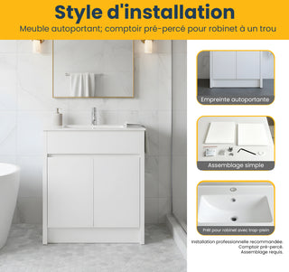 Meuble-Lavabo Autoportant 30po Chêne Blanc avec Comptoir de Céramique Blanc