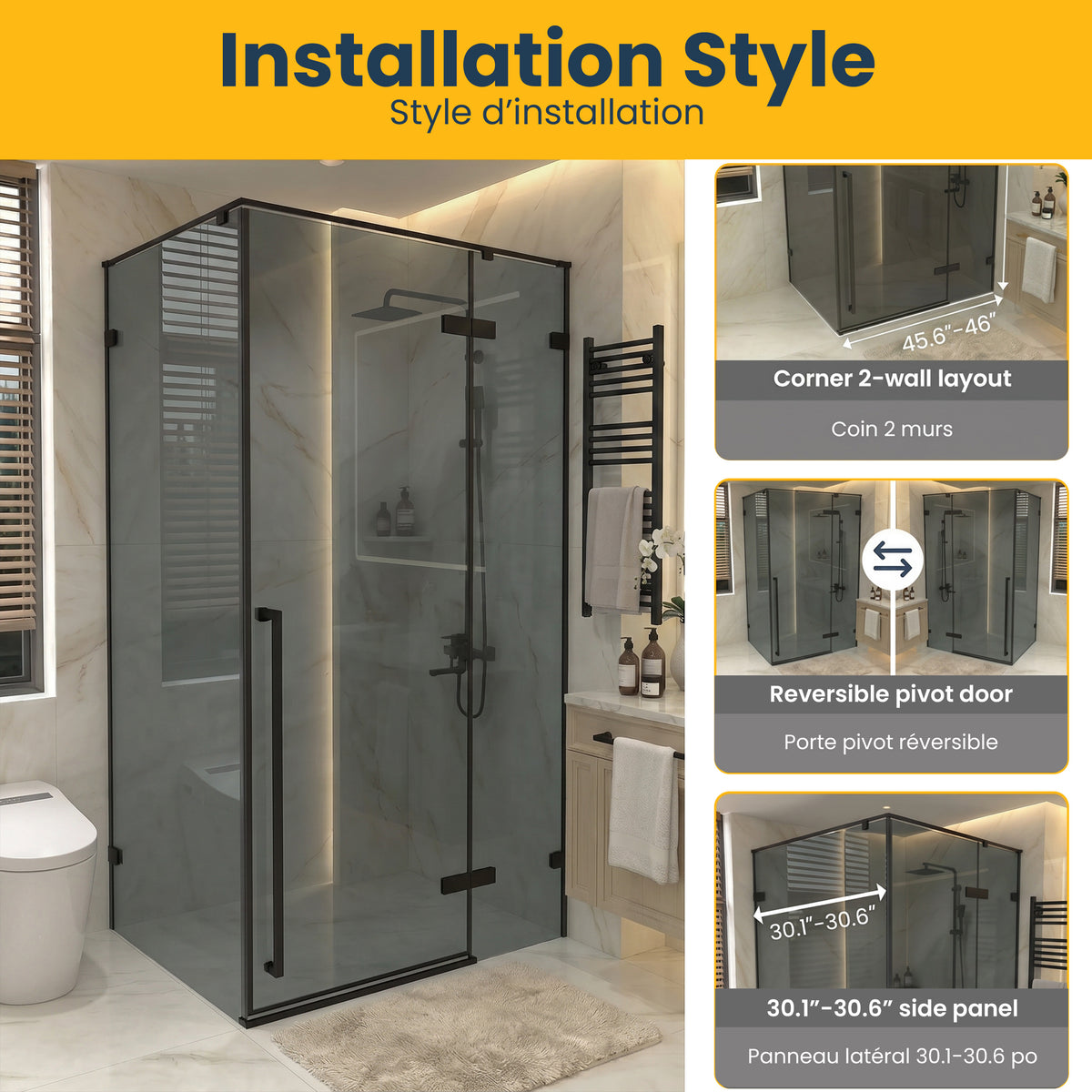 45.6"–46" W (Adjustable Width) x 79" H Frameless Reversible Pivot Shower Door in Matte Black with 30.2"–30.5" Side Panel – Black Tinted Glass