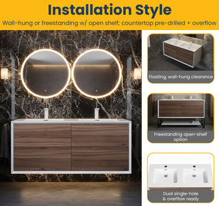 Meuble-Lavabo Mural 48po Noyer avec Comptoir de Polymarbre Blanc