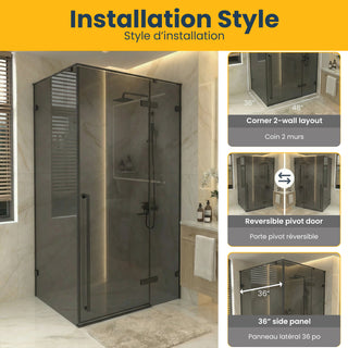 48" x 79" Reversible Fixed/Pivot Shower door Matte Black with Black Tinted Glass and 36" x 79" Side Shower Panel