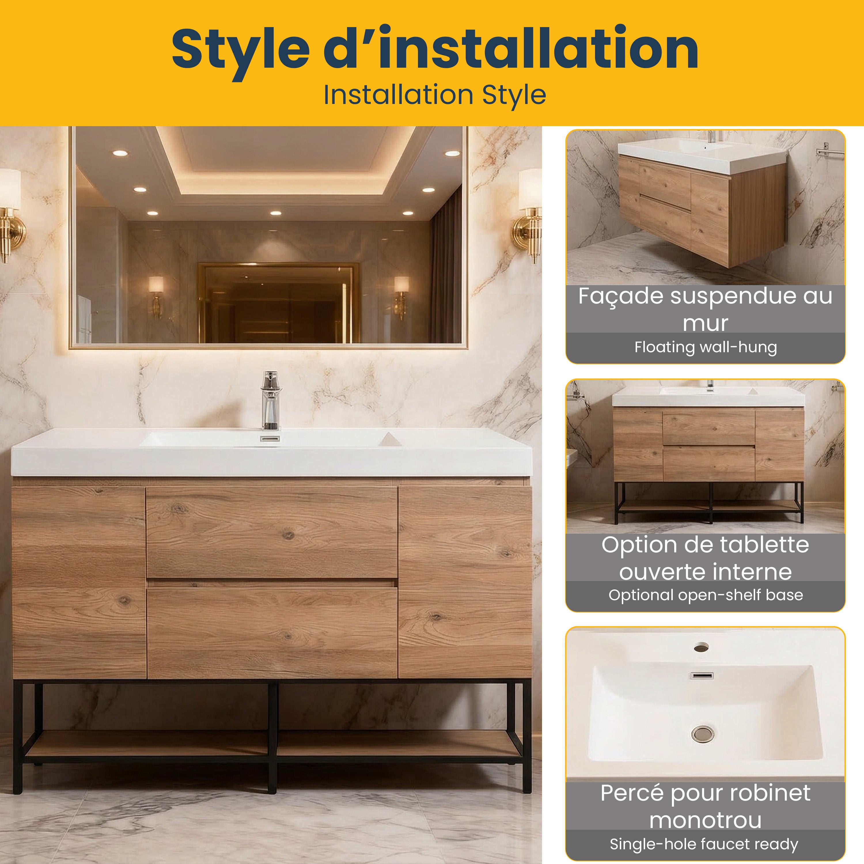 48" Rough Oak Wall Mount Single Sink Bathroom Vanity with White Polymarble Countertop