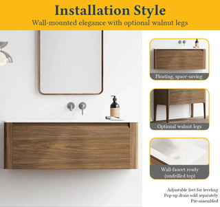 Meuble-Lavabo Mural 48po Noyer avec Comptoir de Surface solide Blanc Mat