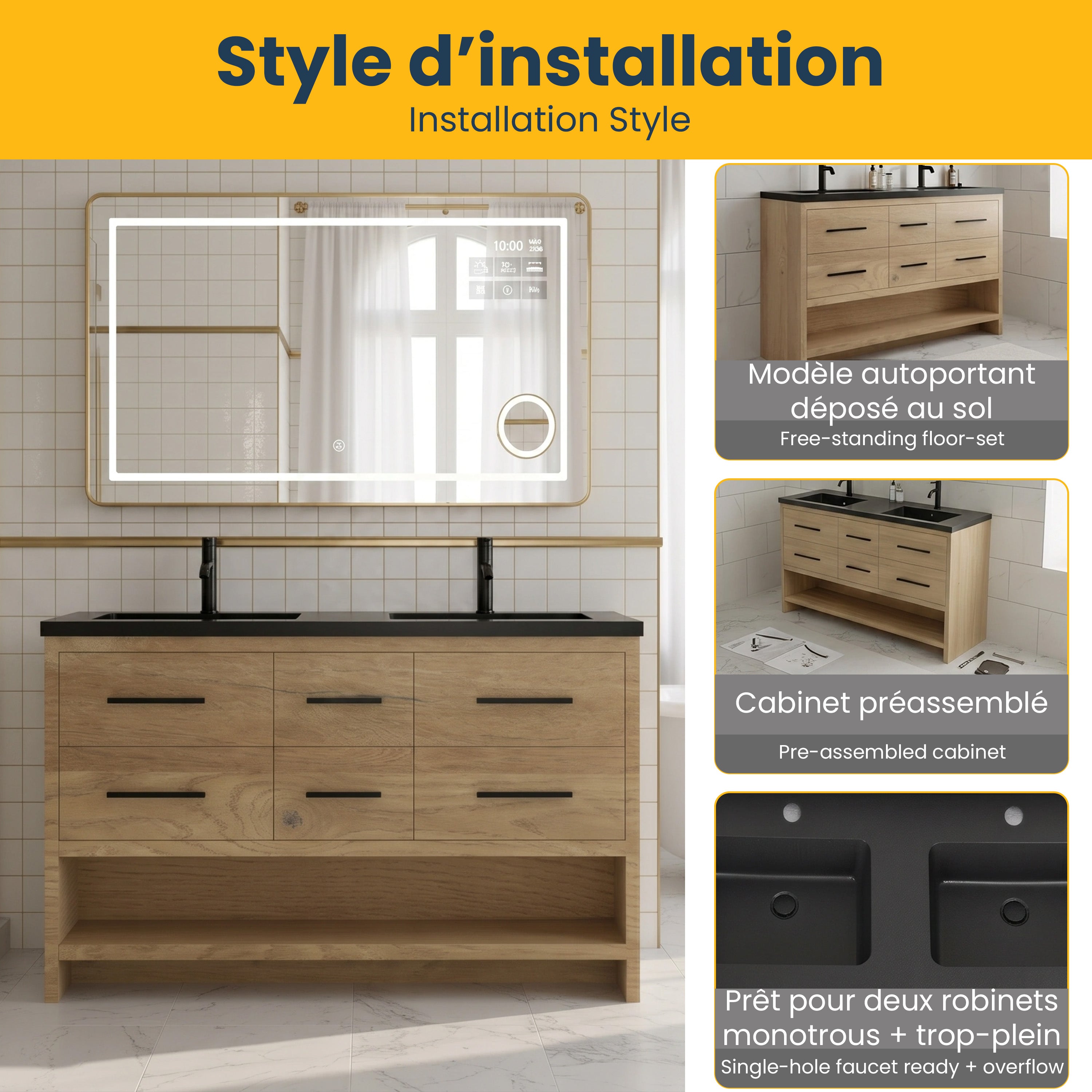 Meuble-Lavabo Autoportant 60po Chêne Brut avec Comptoir de Quartz d'ingénierie Noir