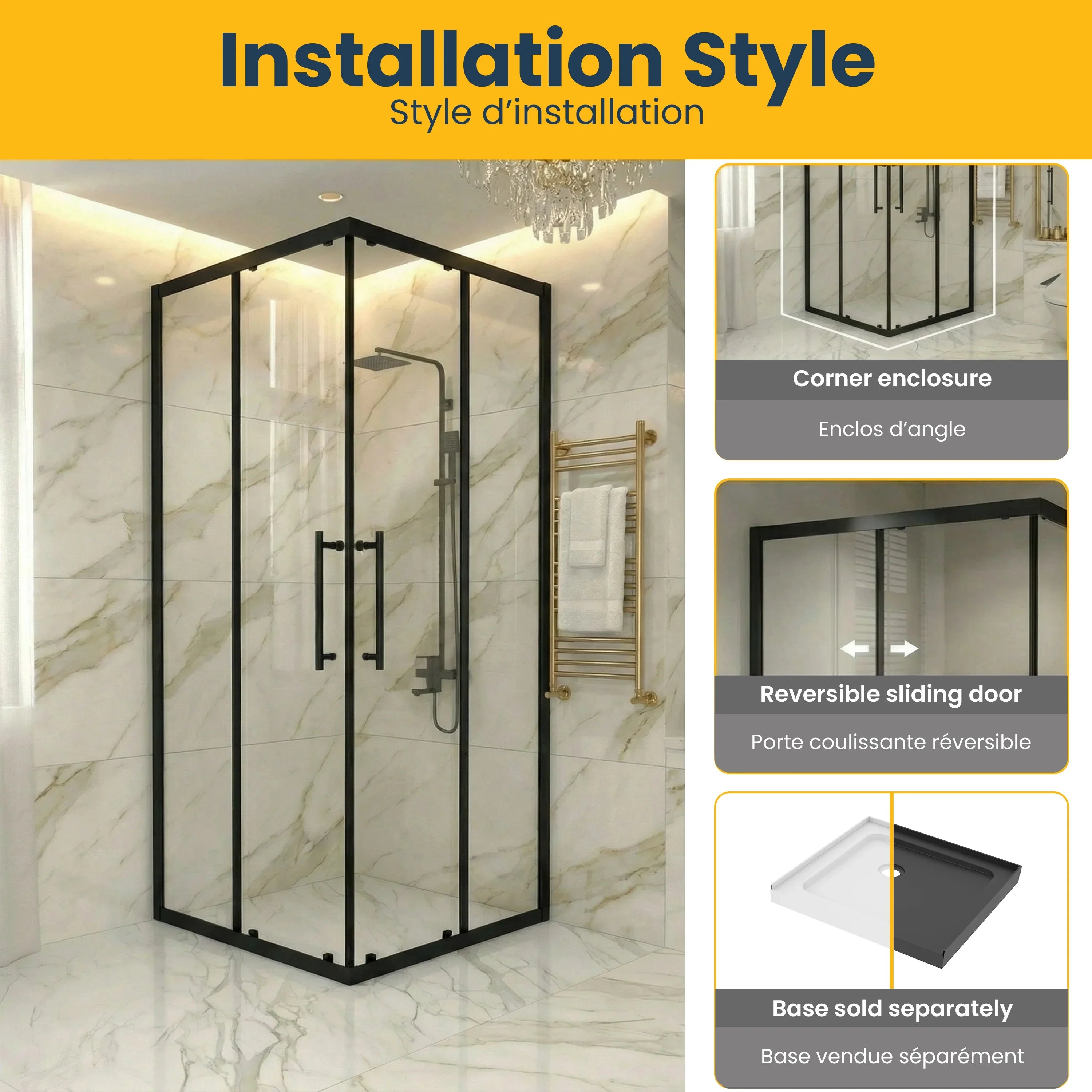 36" x 36" x 79" Reversible Corner Sliding Shower Door in Matte Black with Clear Glass