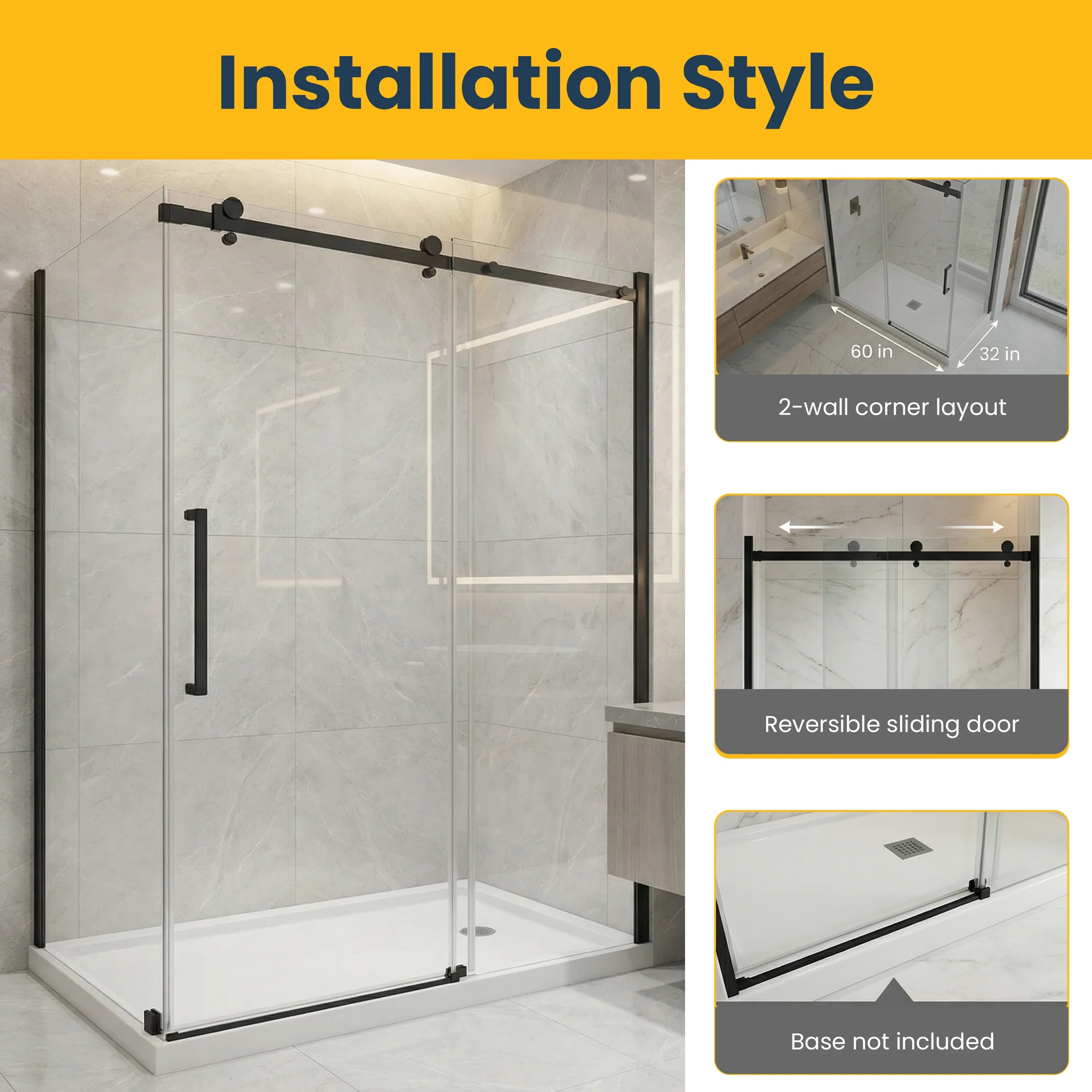 60" x 32" x 75" Matte Black Sliding Shower Door with Square Hardware – 2-Wall Corner Setup