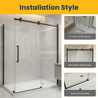 Ensemble de douche 60" x 32" x 75" - Style carré avec quincaillerie noire mate - Installation sur 2 murs sans base