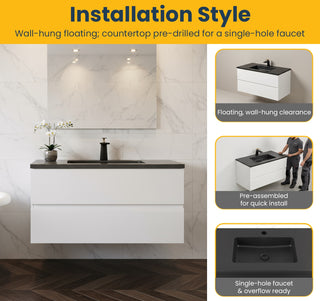 40" White Wall Mount Bathroom Vanity with Black Engineered Quartz Countertop