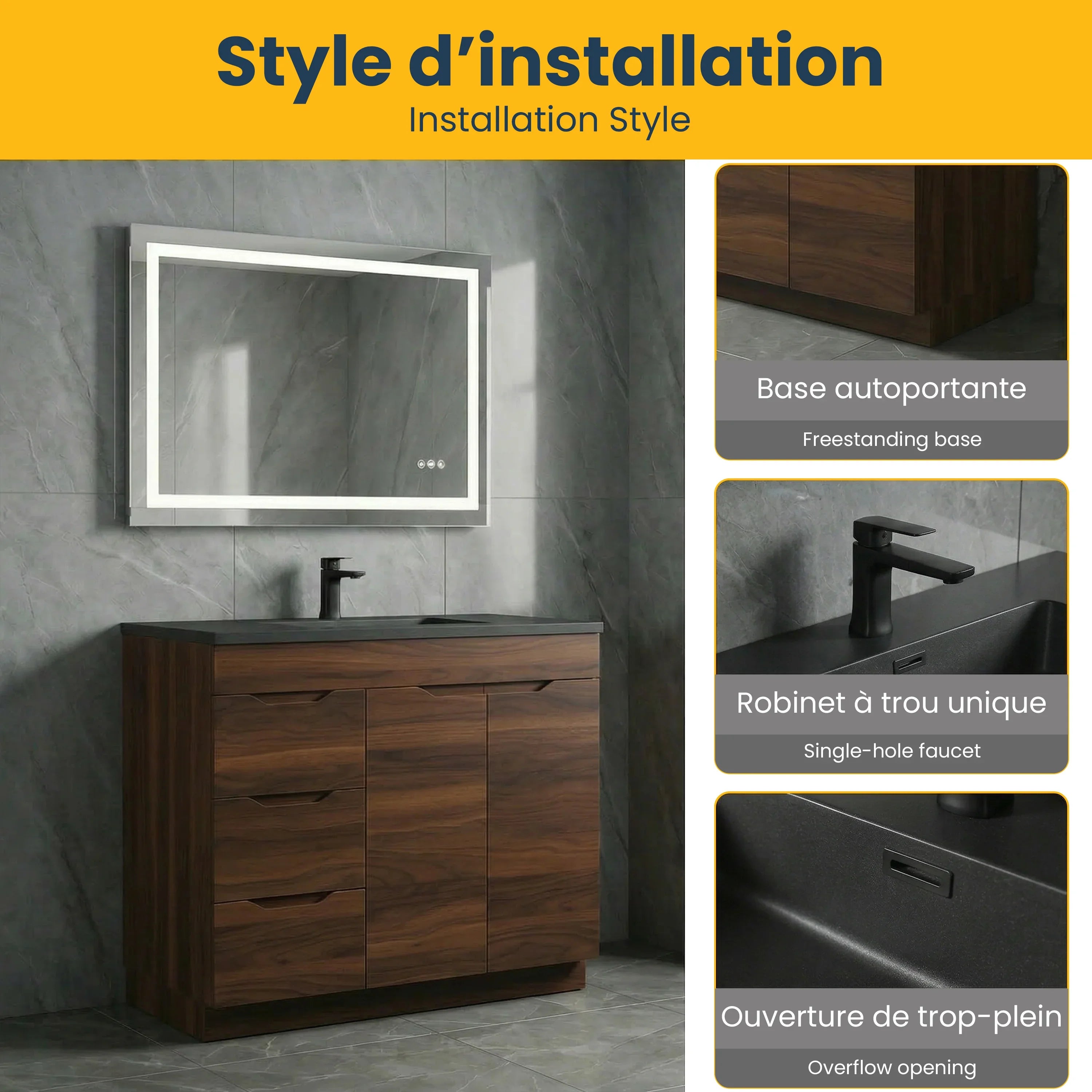 40 Inch Walnut Freestanding Bathroom Vanity with Black Engineered Quartz Countertop - Augusta Collection