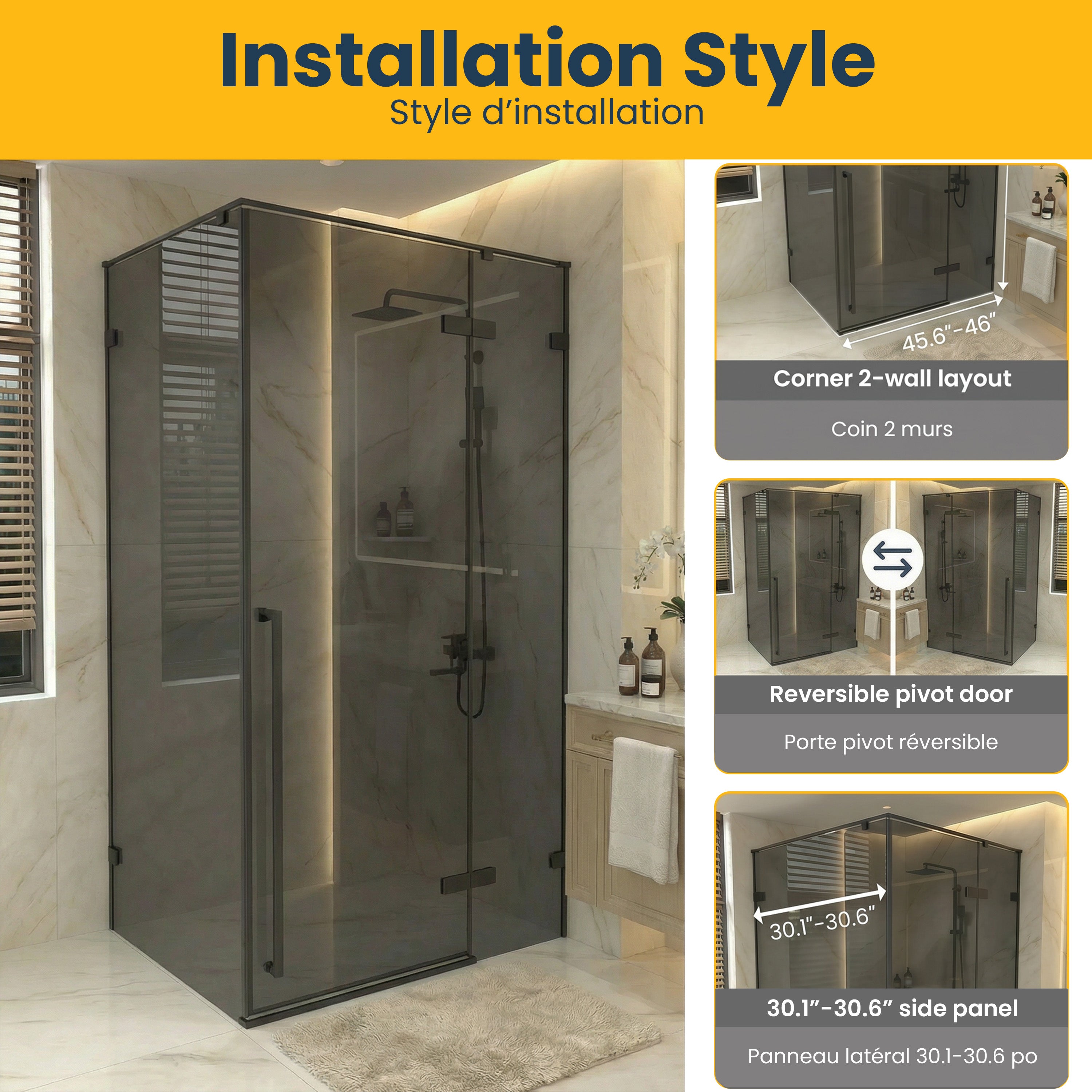 45,6po–46po L (largeur ajustable) x 79po H Porte de douche pivotante réversible sans cadre en noir mat avec panneau latéral 30,2po–30,5po – verre teinté noir