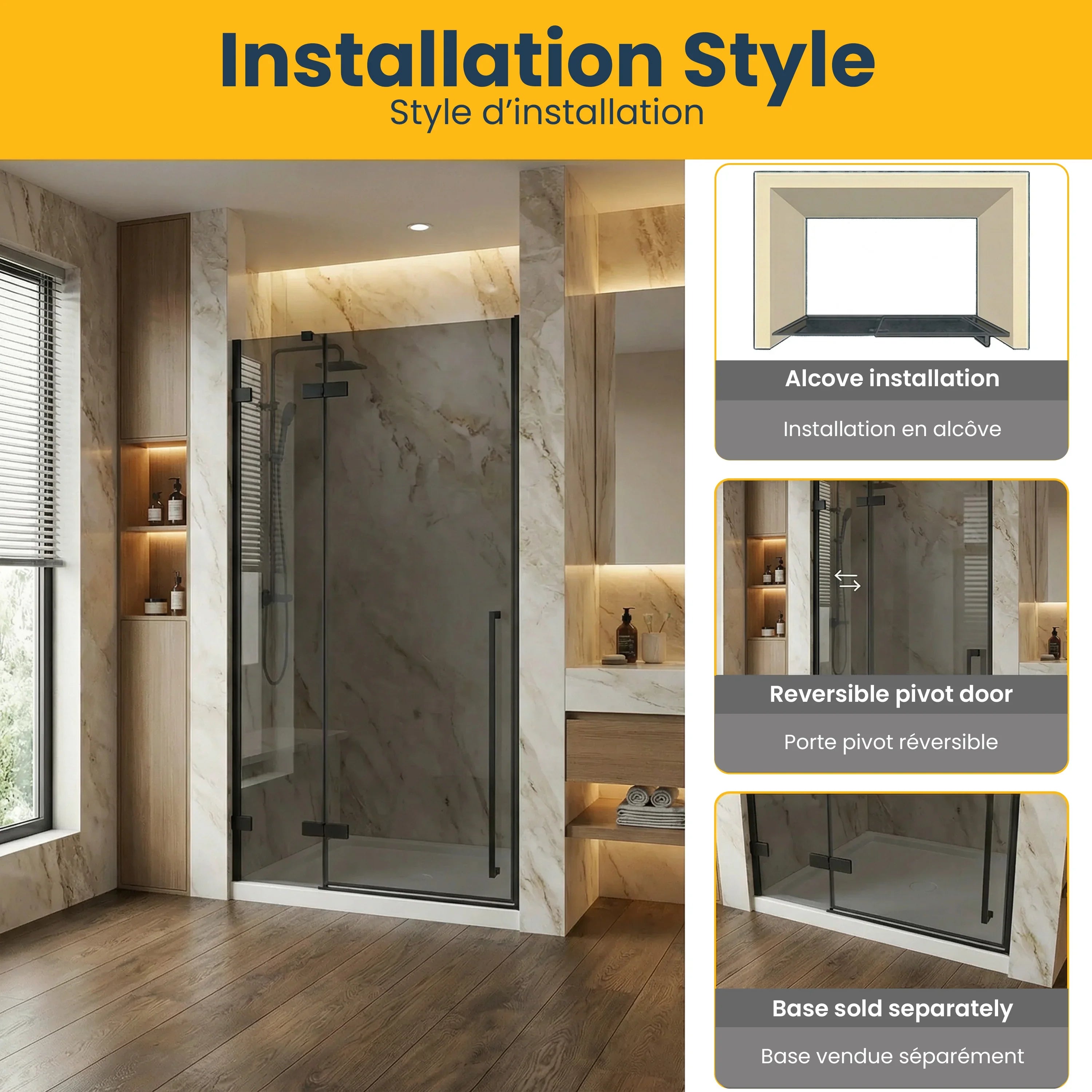 Porte de douche pivotante réversible 48po x 79po noir mat avec verre teinté noir