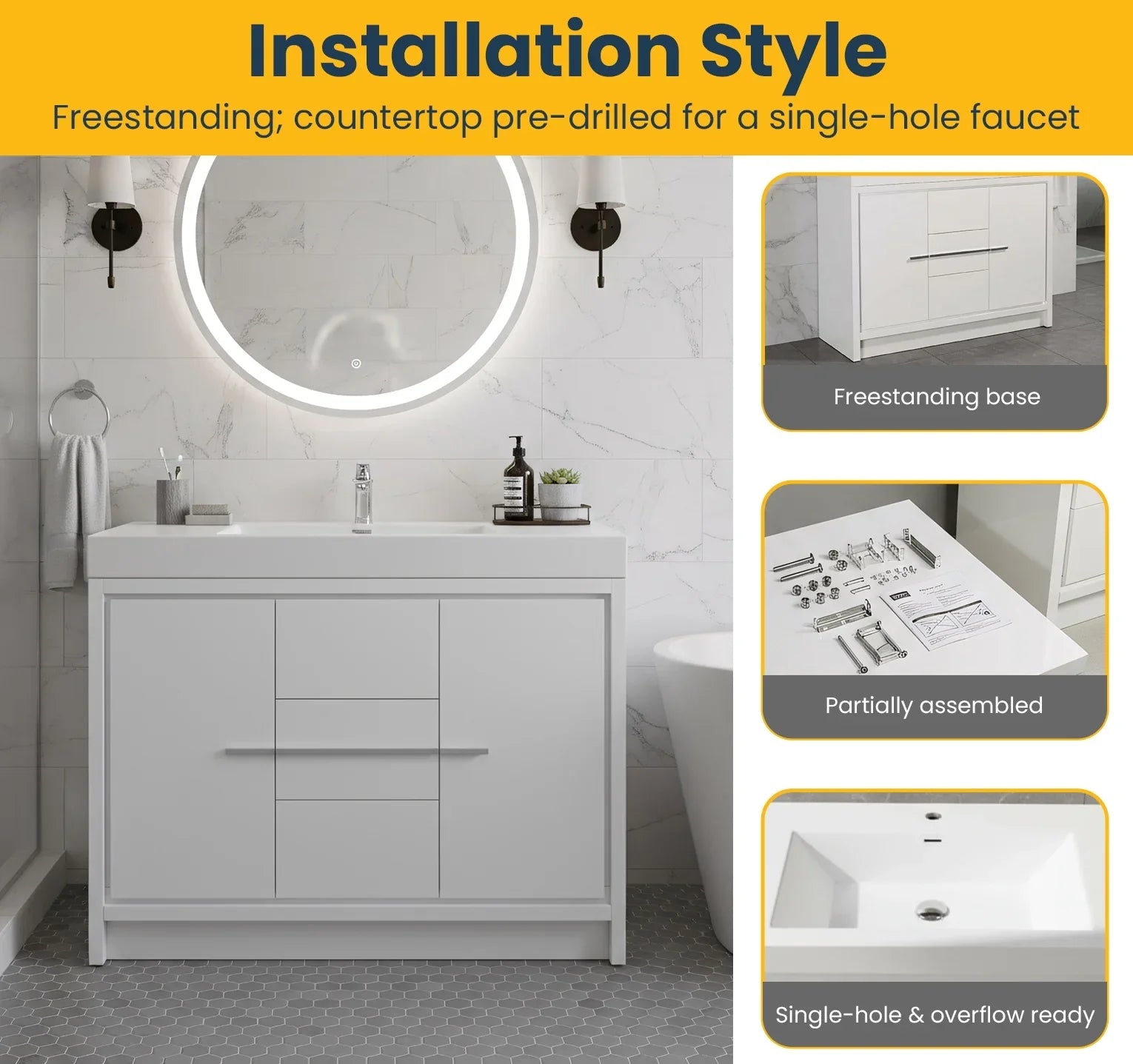 48" Glossy White Freestanding Single Sink Bathroom Vanity with White Polymarble Countertop