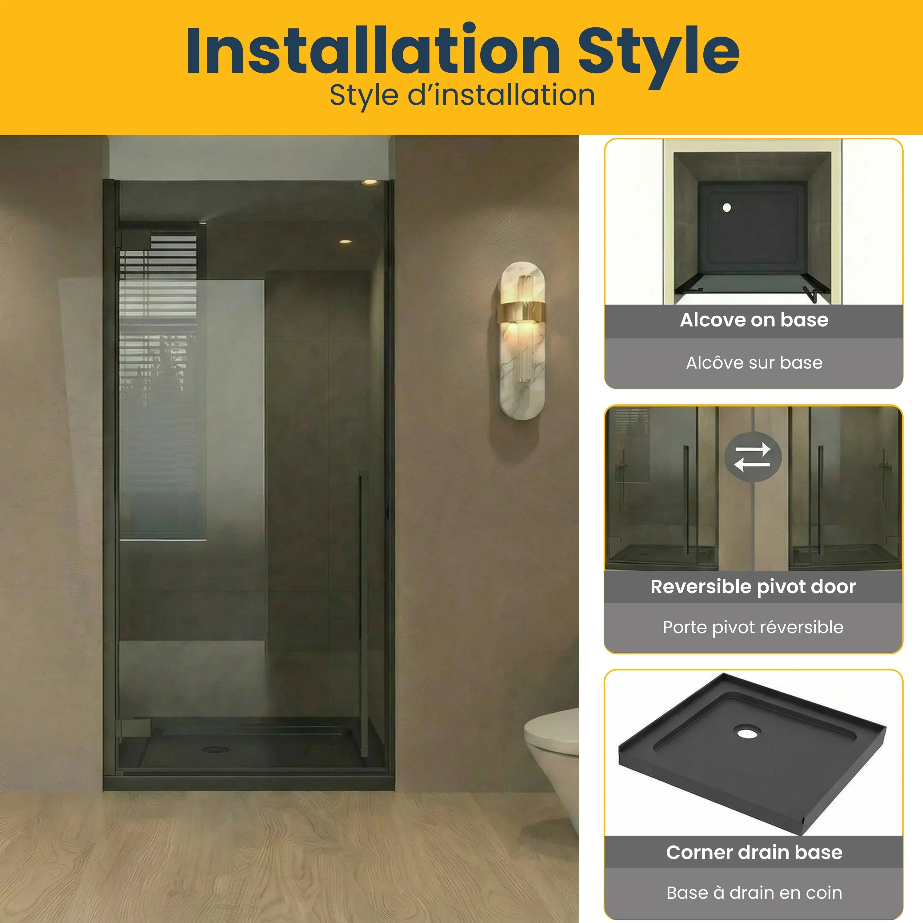 36" x 79" Matte Black Pivot Shower Door with Black Tinted Glass & 36" Black Acrylic Shower Base