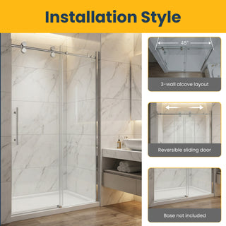 Porte de douche coulissante réversible en alcôve 48 po x 75 po en chrome - Verre 10 mm, configuration à 3 murs (Base non incluse)