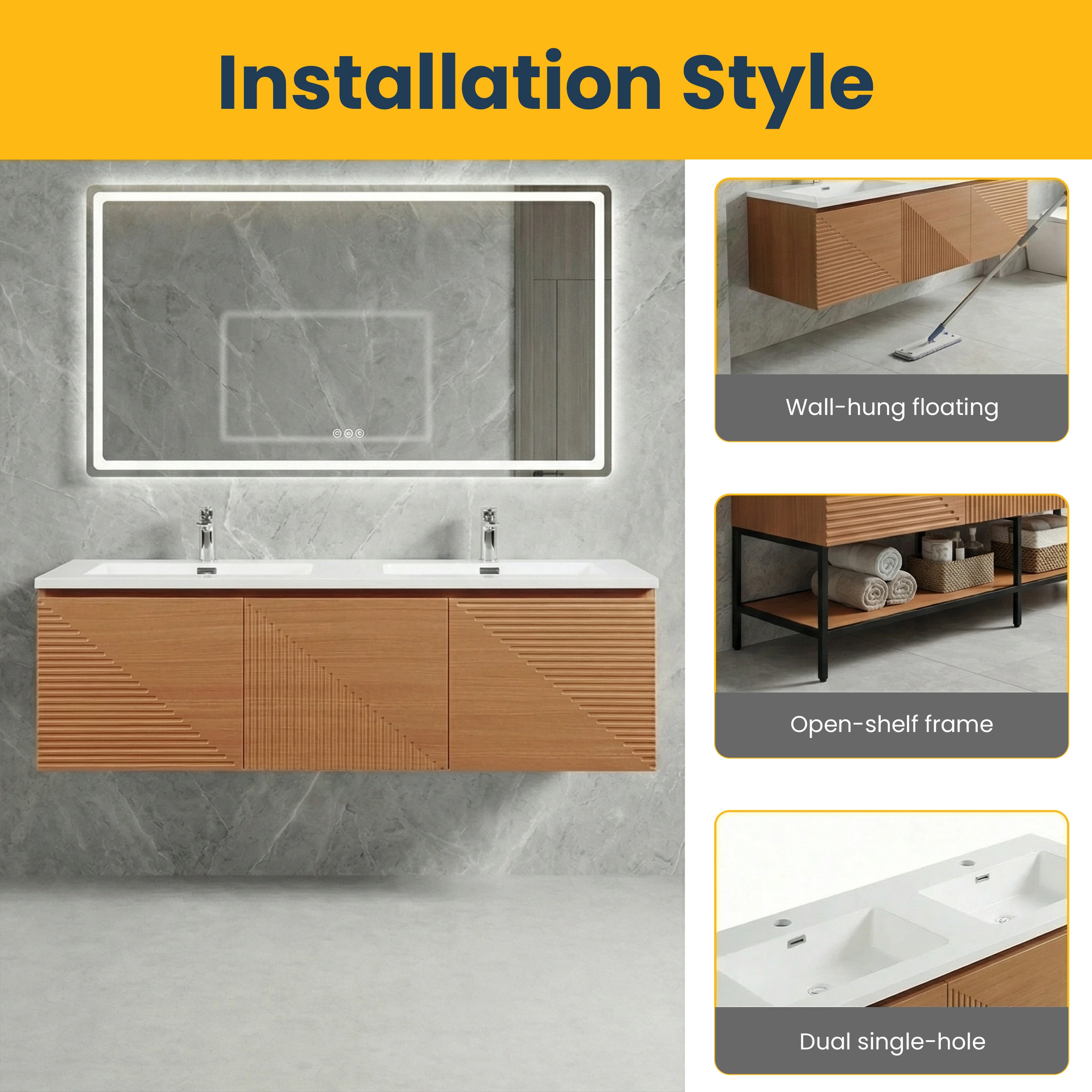 60" Light Oak Wall-Mounted Double Sink Bathroom Vanity with White Polymarble Countertop