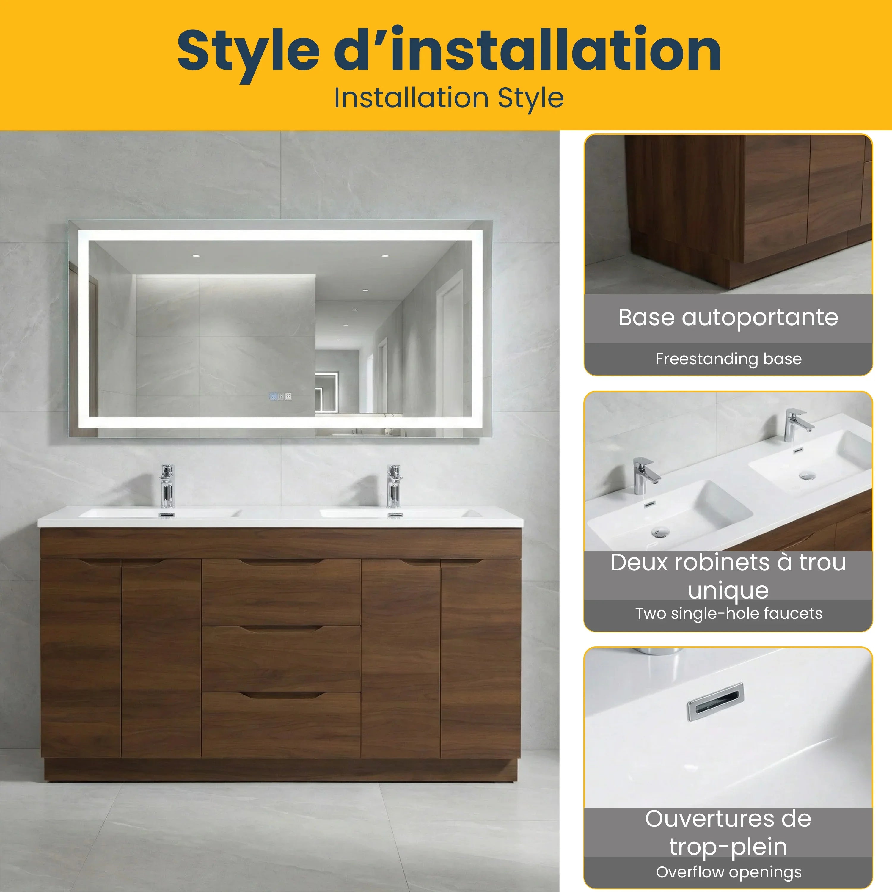 Meuble Lavabo Double Noyer 60 po avec Comptoir Polymarbre Blanc - Collection Augusta