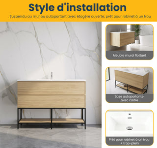 Meuble-Lavabo Mural 48po Noyer Couchant avec Comptoir de Polymarbre Blanc