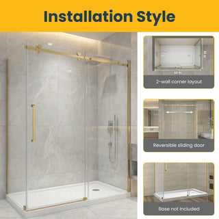 60" x 36" x 75" x 10mm Reversible Sliding Shower Door Square Design Hardware in Brushed Gold with 36" Side Panel