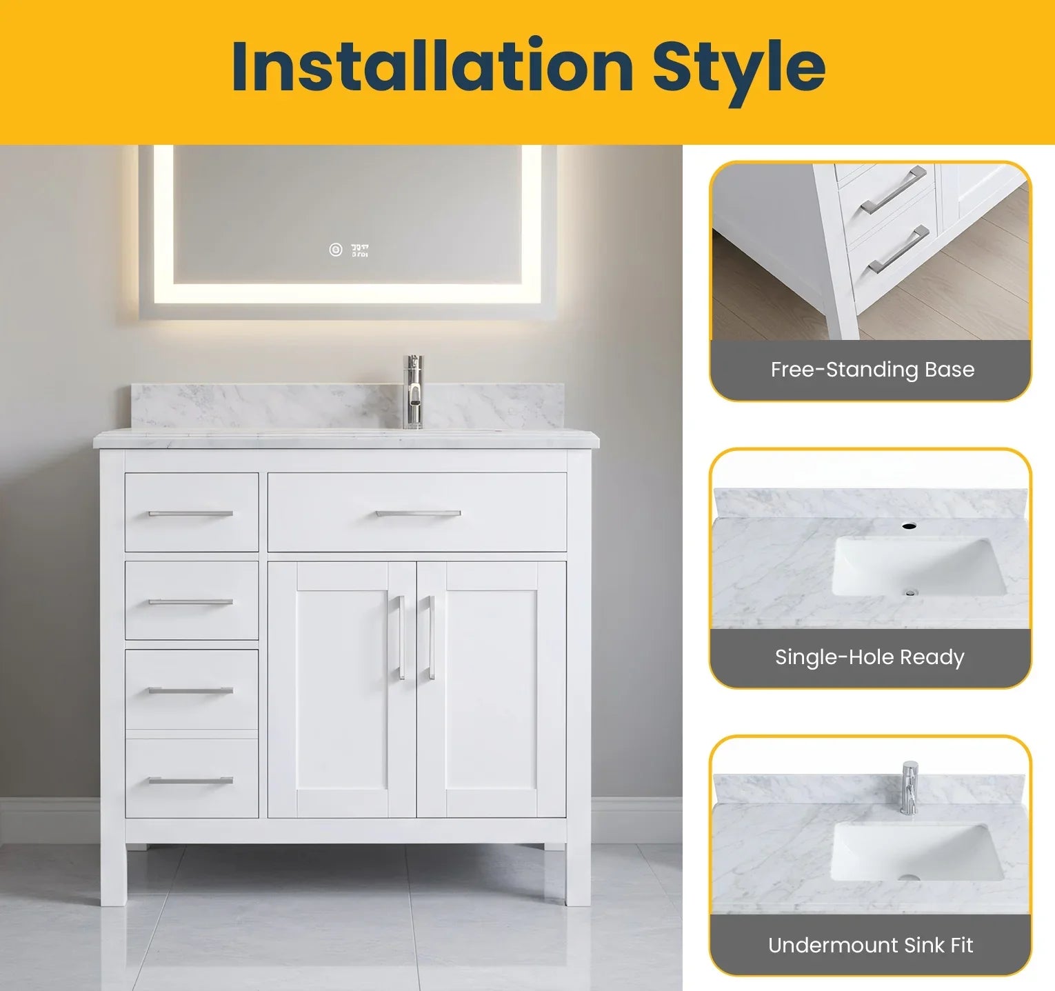 36" White Freestanding Single Sink Bathroom Vanity with Carrera Marble Countertop