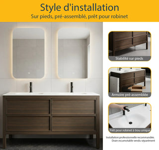 60" Smoked Oak Freestanding Double Sink Bathroom Vanity with White Solid Surface Countertop