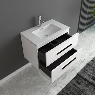 24" Matte White Wall Mount Single Sink Bathroom Vanity with White Ceramic Countertop