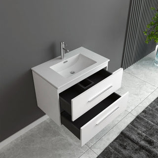 24" Matte White Wall Mount Single Sink Bathroom Vanity with White Ceramic Countertop