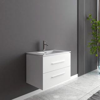 24" Matte White Wall Mount Single Sink Bathroom Vanity with White Ceramic Countertop