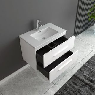 24" Matte White Wall Mount Single Sink Bathroom Vanity with White Ceramic Countertop