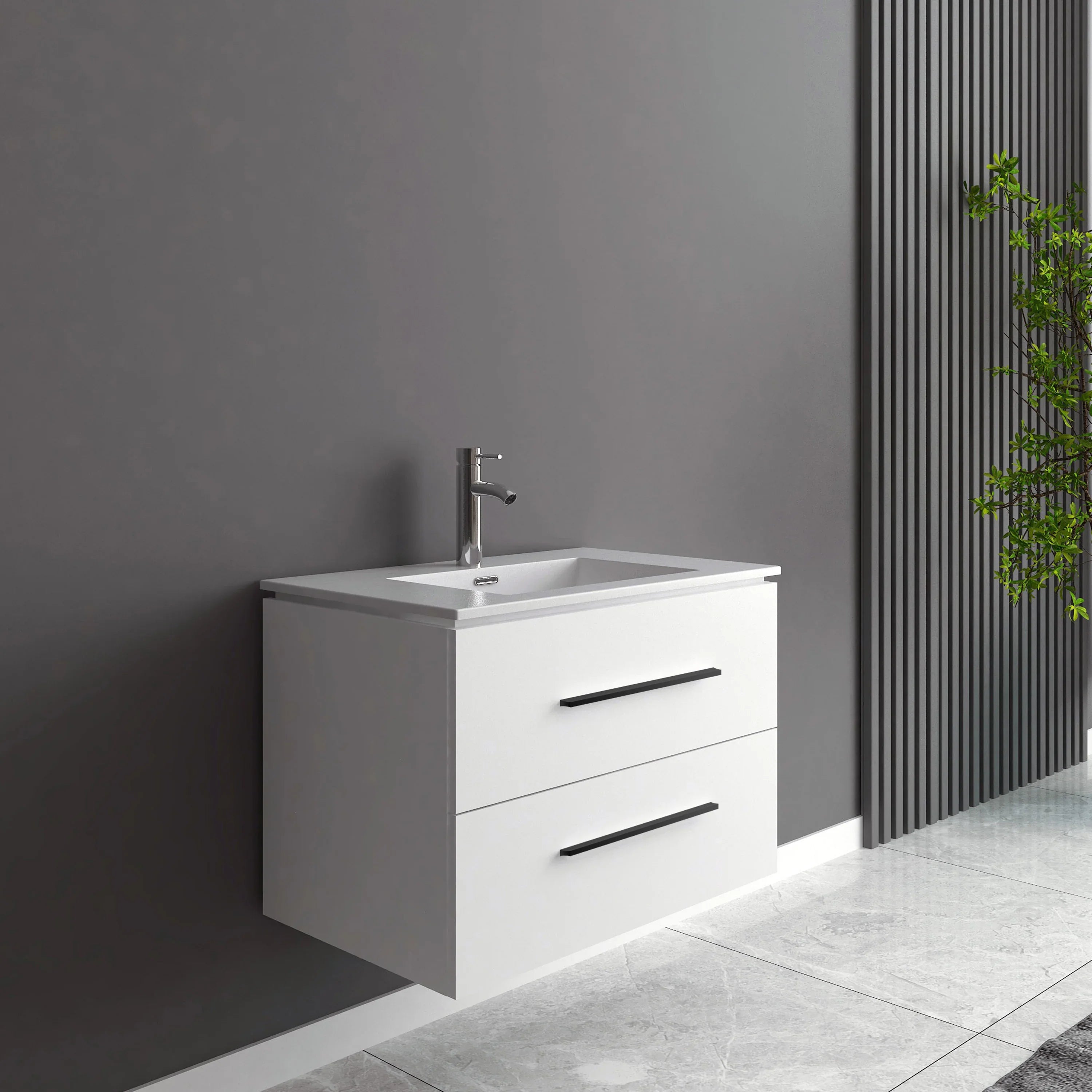 30" Matte White Wall-Mount Single Sink Bathroom Vanity with Ceramic Countertop