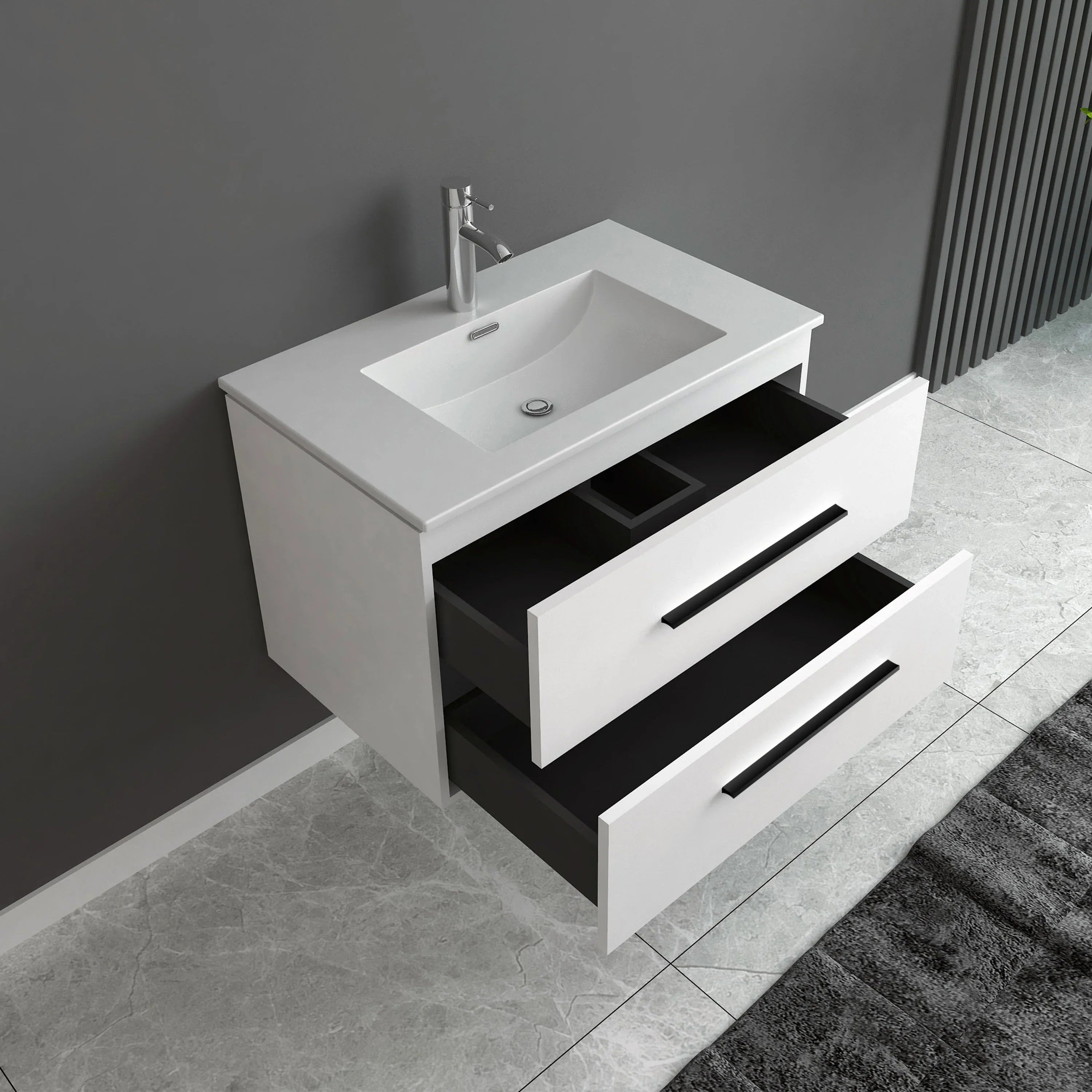 30" Matte White Wall-Mount Single Sink Bathroom Vanity with Ceramic Countertop