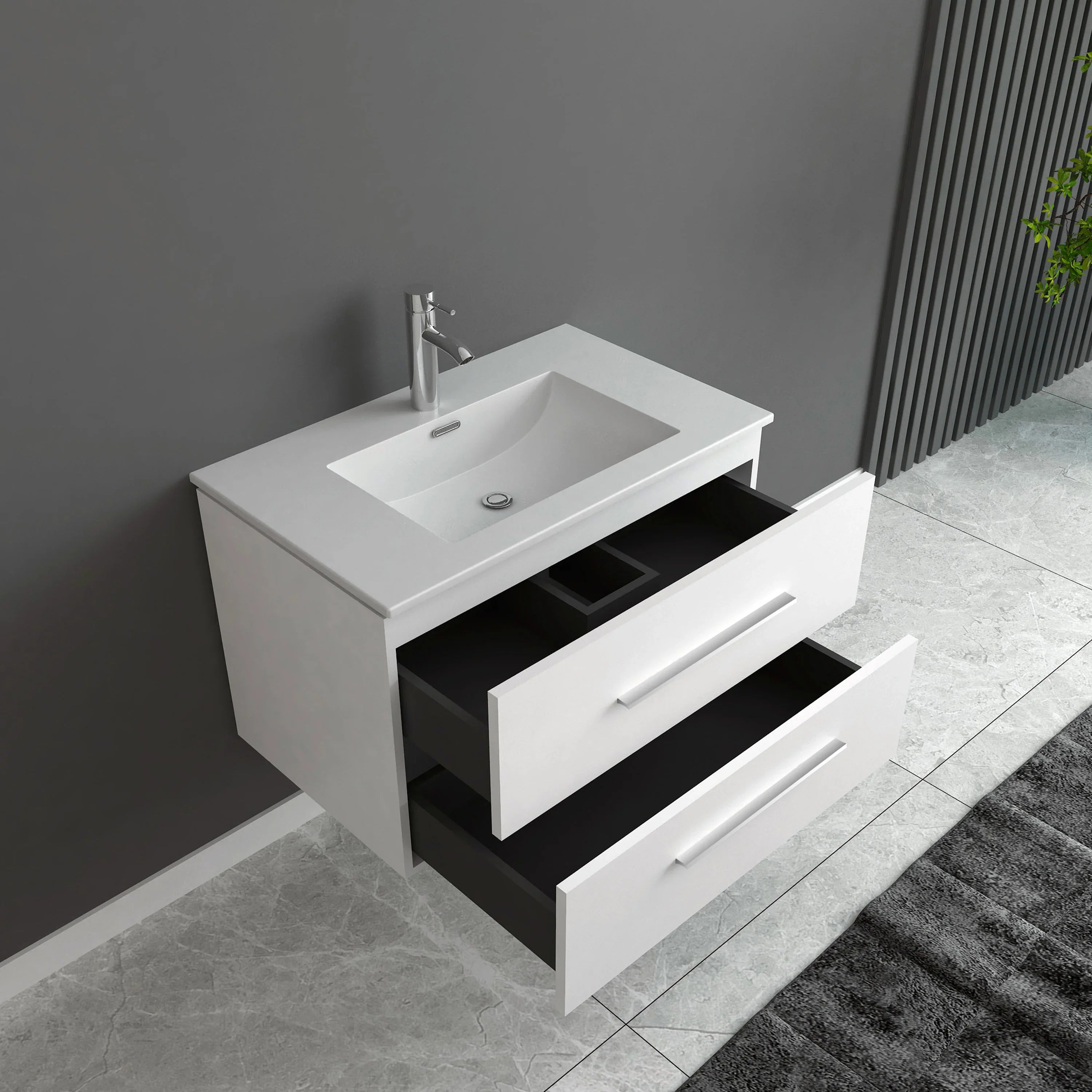 30" Matte White Wall-Mount Single Sink Bathroom Vanity with Ceramic Countertop