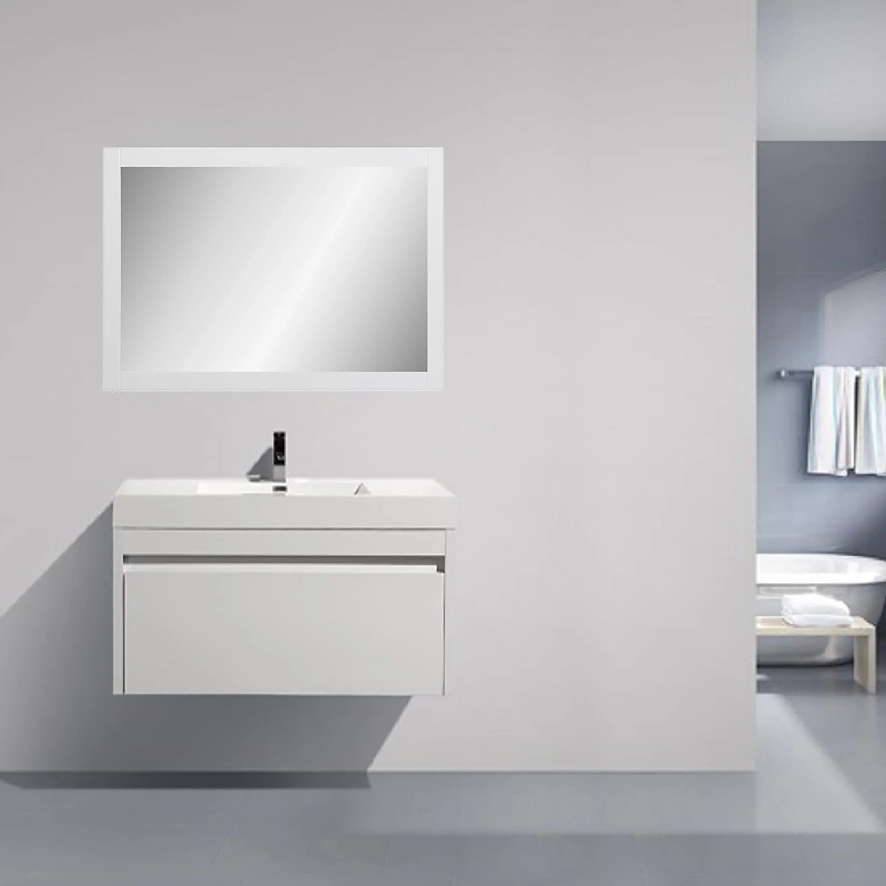 Miroir Rectangulaire Blanc Encadré de 42po - Installation Horizontale et Verticale